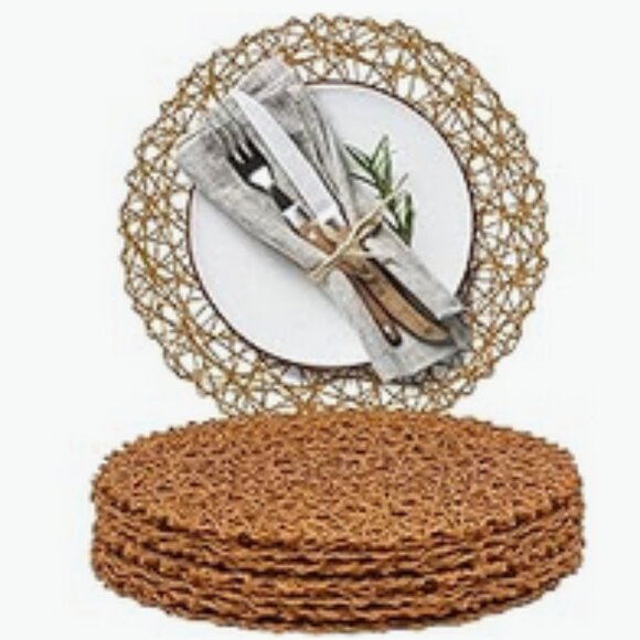 Bundle Boho Round Woven Placemats Wall Hanging Wicker Rattan Raffia Set of 6 - Picture 1 of 11